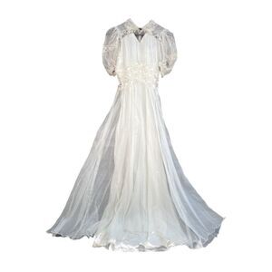 Vintage Ivory Cream Lace Wedding Dress Floor Length Gorgeous Antique Bridal Gown